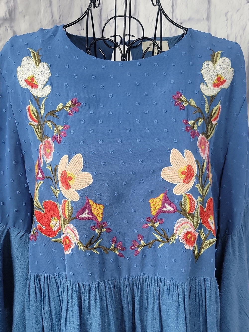 Umgee‎ Blue Embroidered Floral Boho Peasant Bell Sleeves Dress Large - Picture 2 of 10